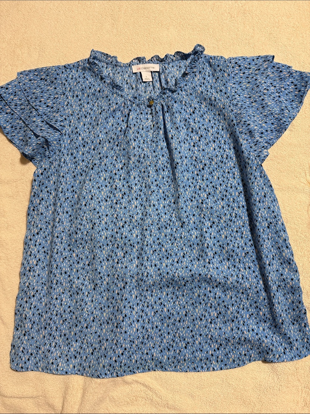 Liz Claiborne Blue Scatter Print Ruffle Neck Blouse